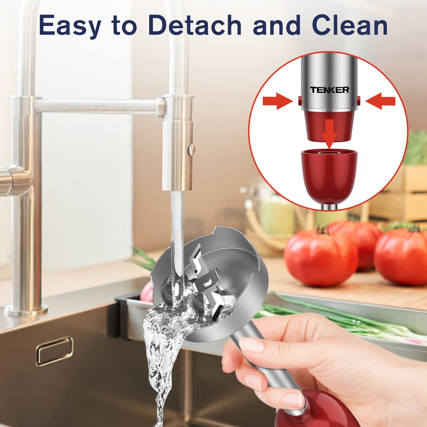 Tenker 5 In 1 Immersion Hand Blender With 12 Speed Motor Stainless Steel Stick Chopper Whisk Milk Frother Cordless Red