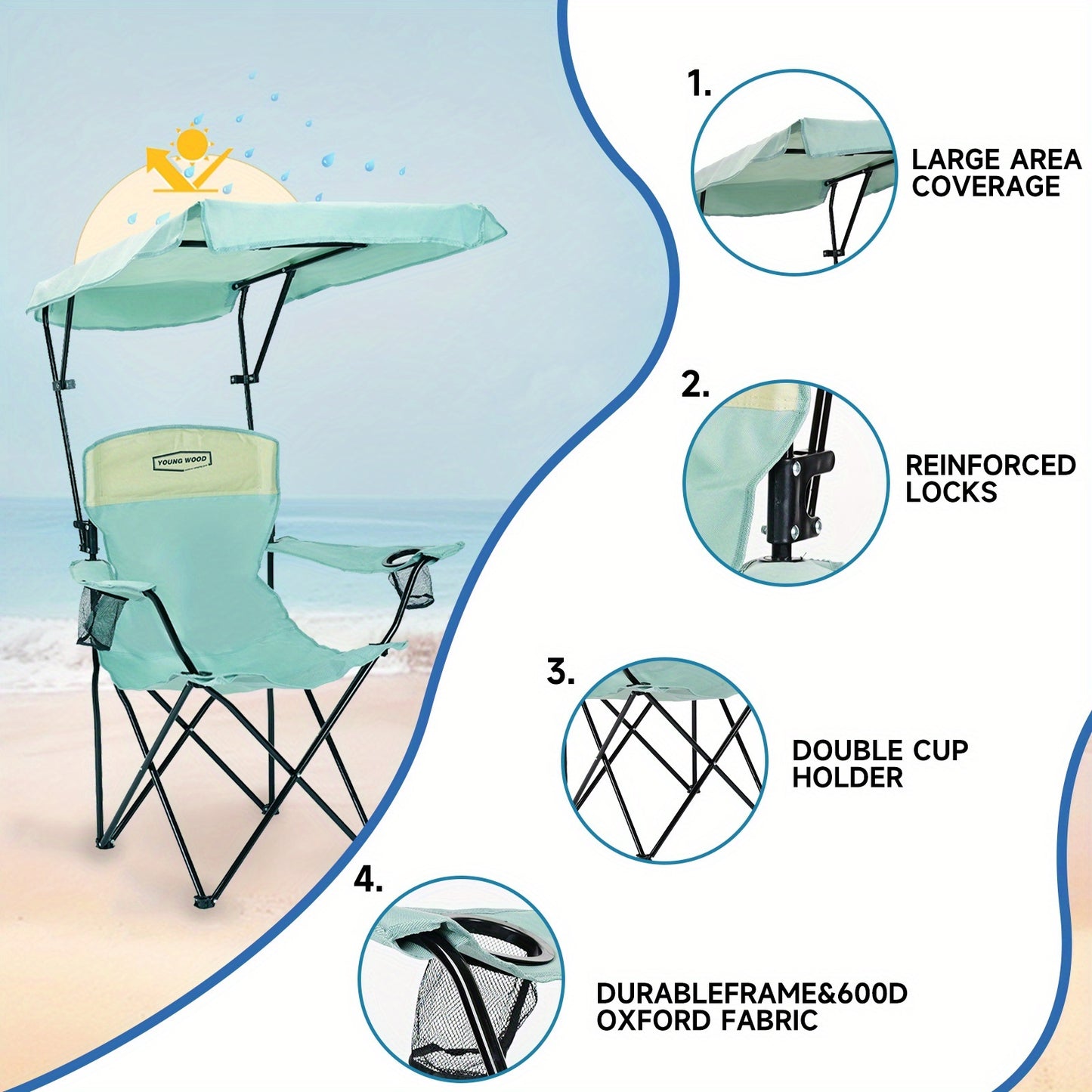 Outdoor Sunshade Chair With Adjustable Canopy And Armrests, Cup Holder, Foldable Storage Bag For Outdoor Use