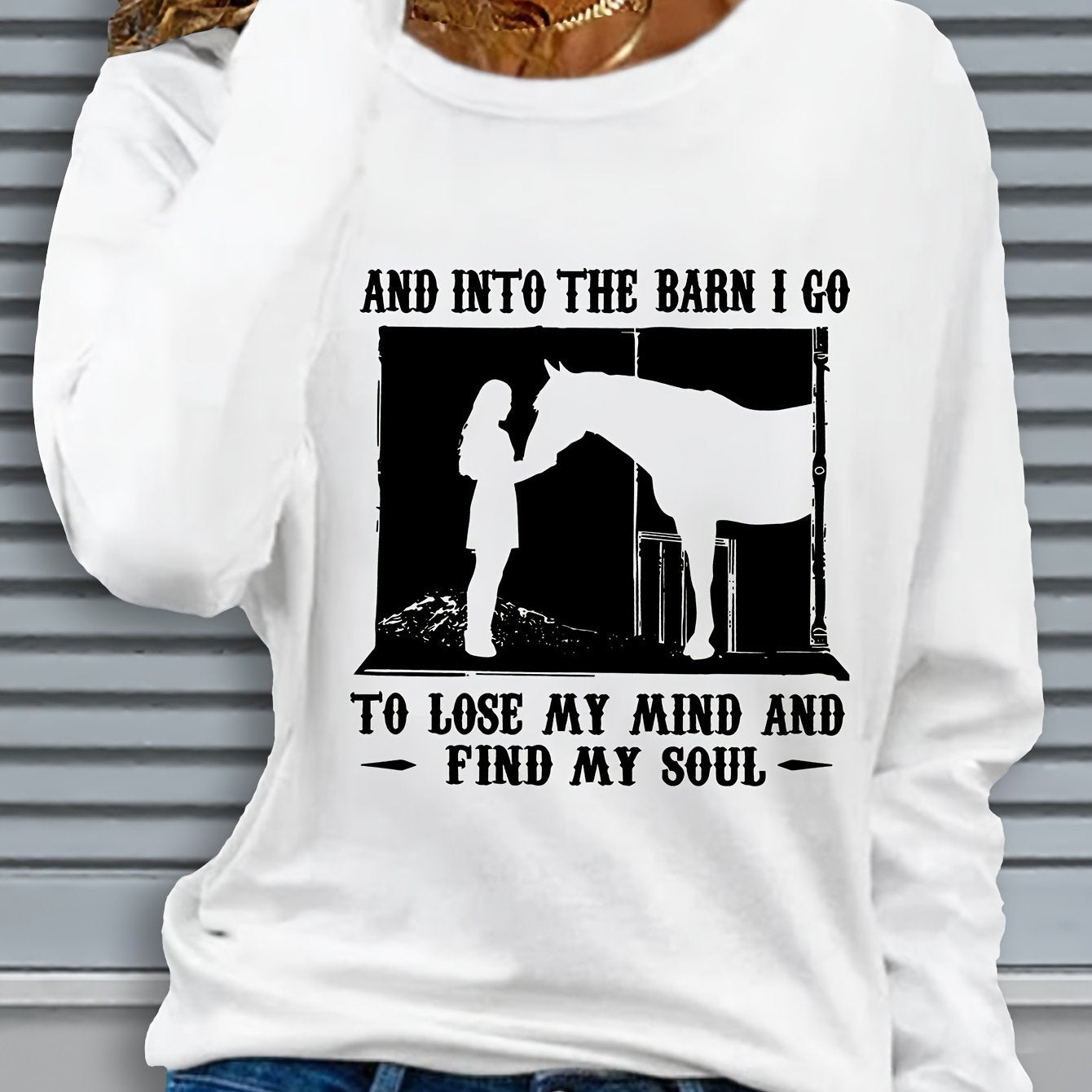 Women's Long Sleeve Crew Neck Graphic Print Horse Barn Top