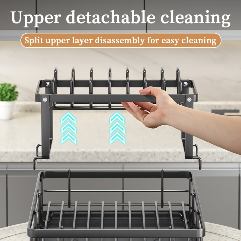 Double Tier Large Metal Cutlery Rack For Kitchen Space Saving Rustproof With Knife Fork Cup Holders And Draining Board