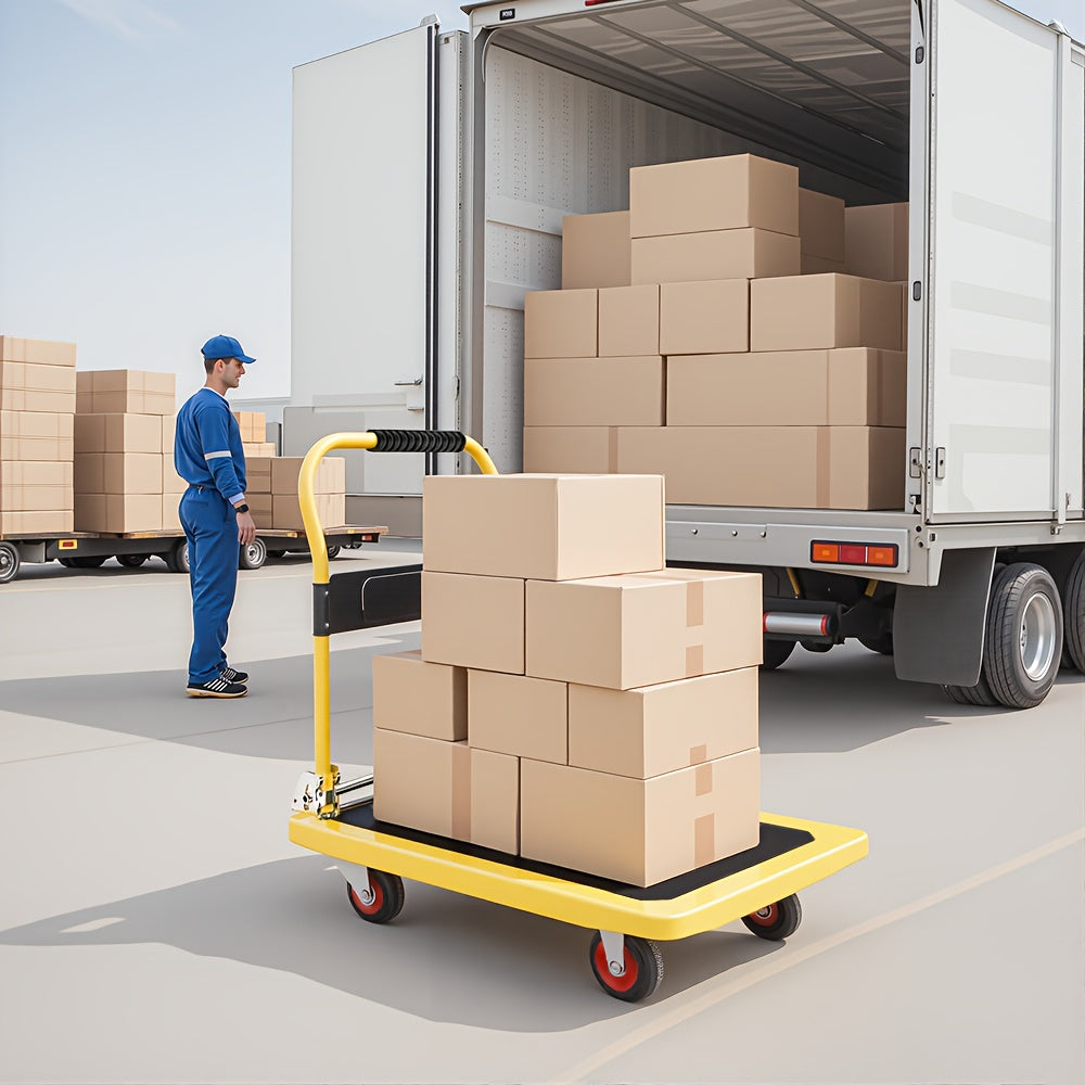 Foldable Platform Hand Truck High Load Capacity Carbon Steel Two 360 Degree Swivel Wheels And Two Fixed Silent Wheels