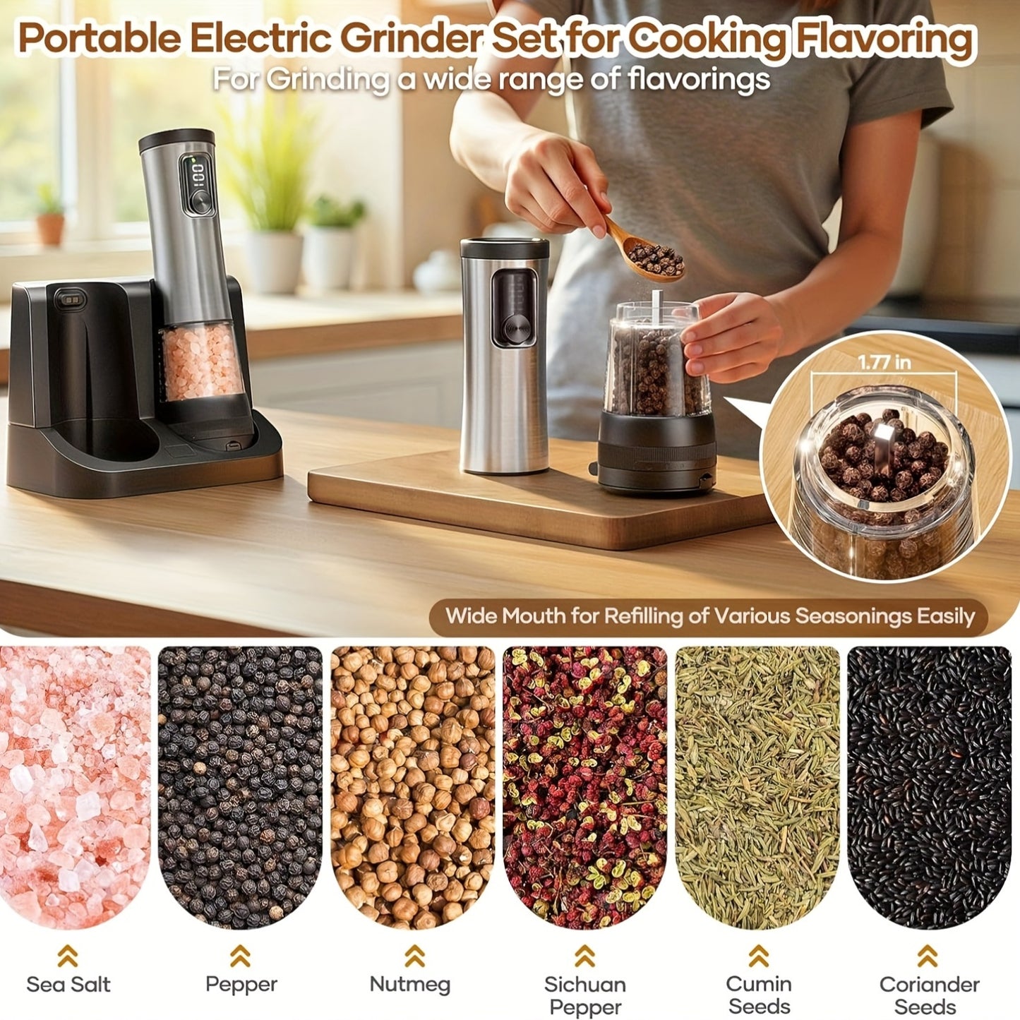 Rechargeable Salt And Pepper Grinder Set With Base USB Charging Adjustable Coarseness LED Display Extra Large Capacity