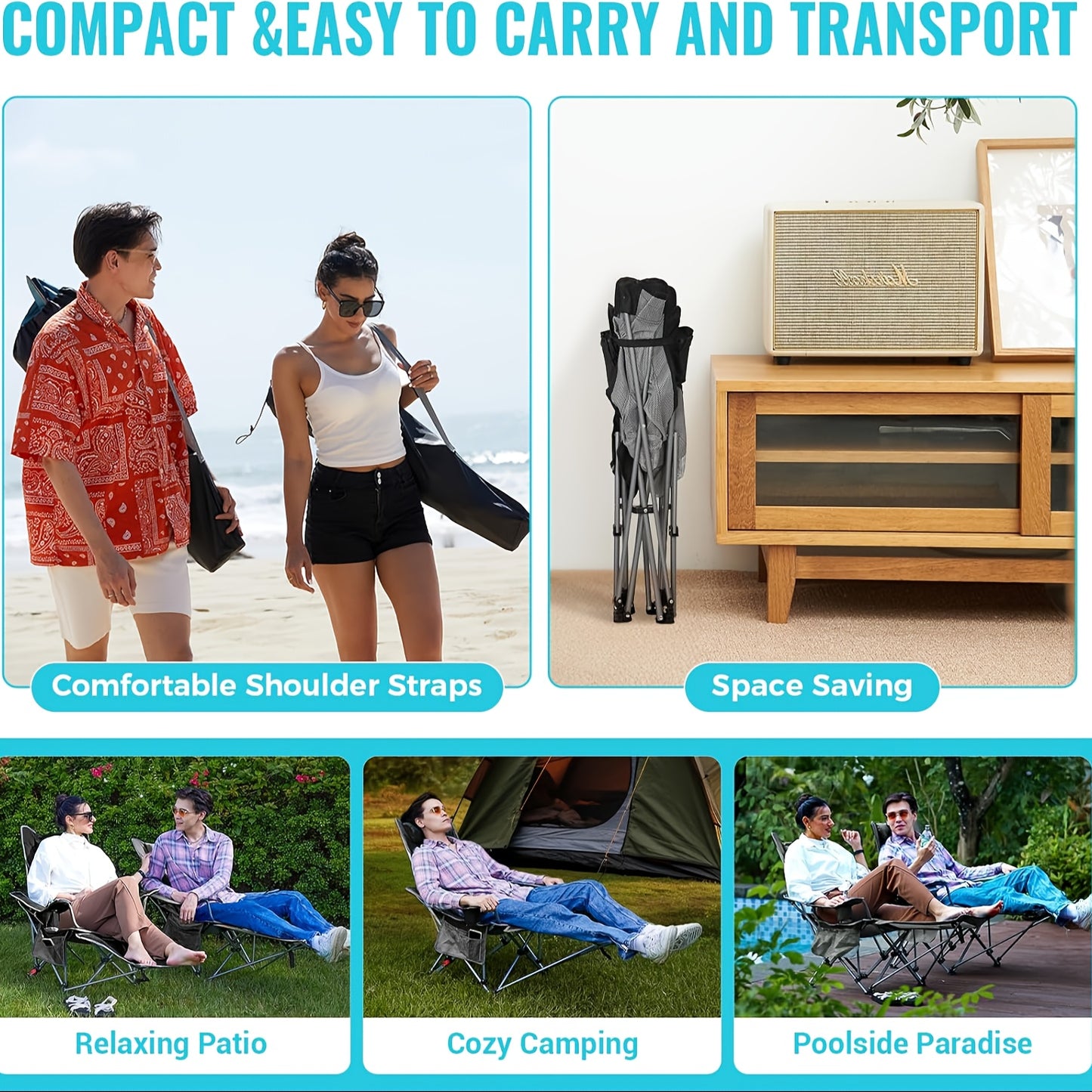 UPWELL Portable Folding Patio Chair With Carry Bag Adjustable Height Removable Footrests Outdoor Lounge Chair