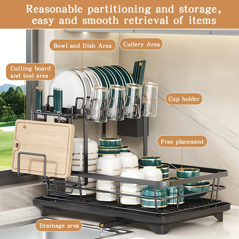 Double Tier Large Metal Cutlery Rack For Kitchen Space Saving Rustproof With Knife Fork Cup Holders And Draining Board