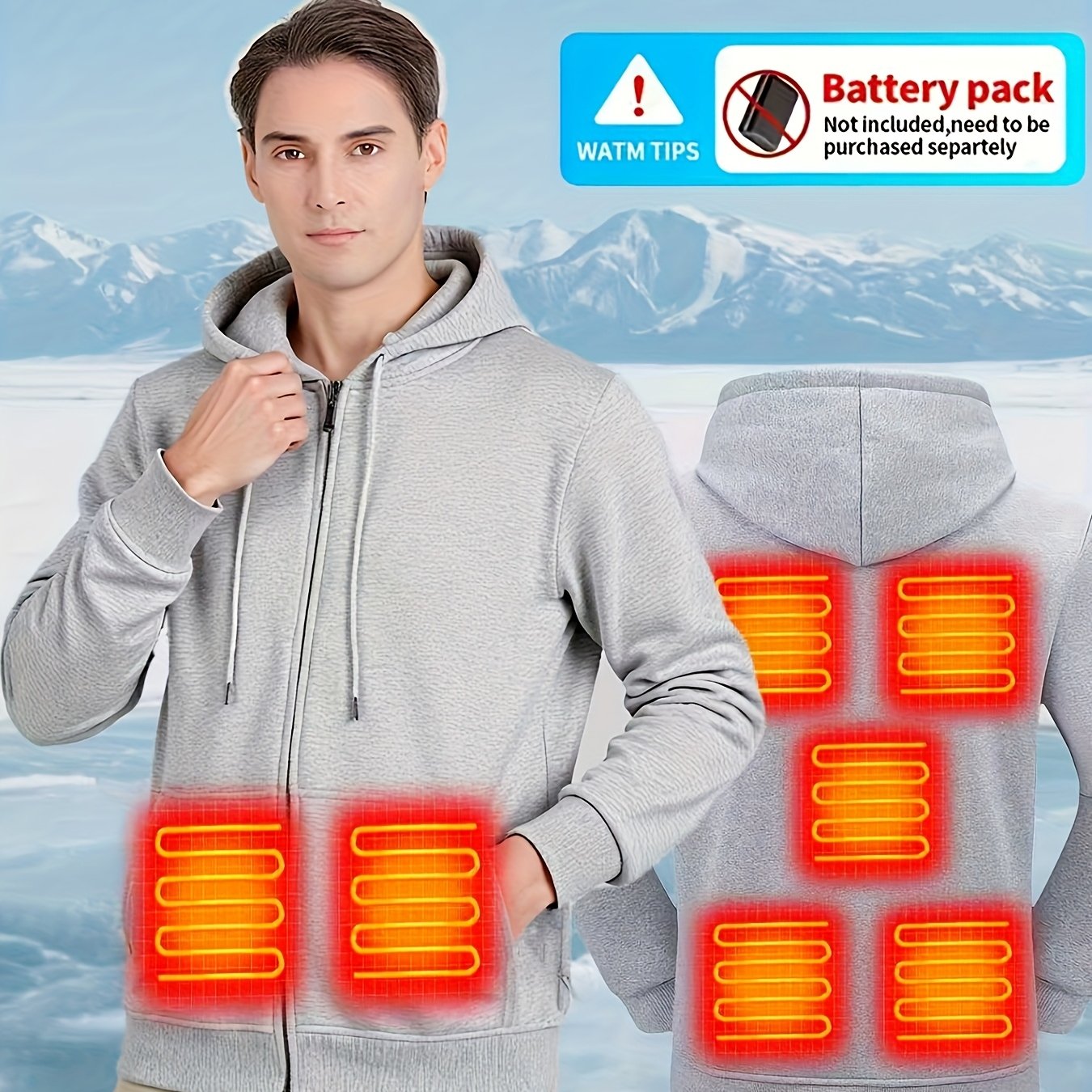 Powered Heated Jacket Full Zip Hooded Winter Coat For Outdoor Activities Running Skiing Machine Washable