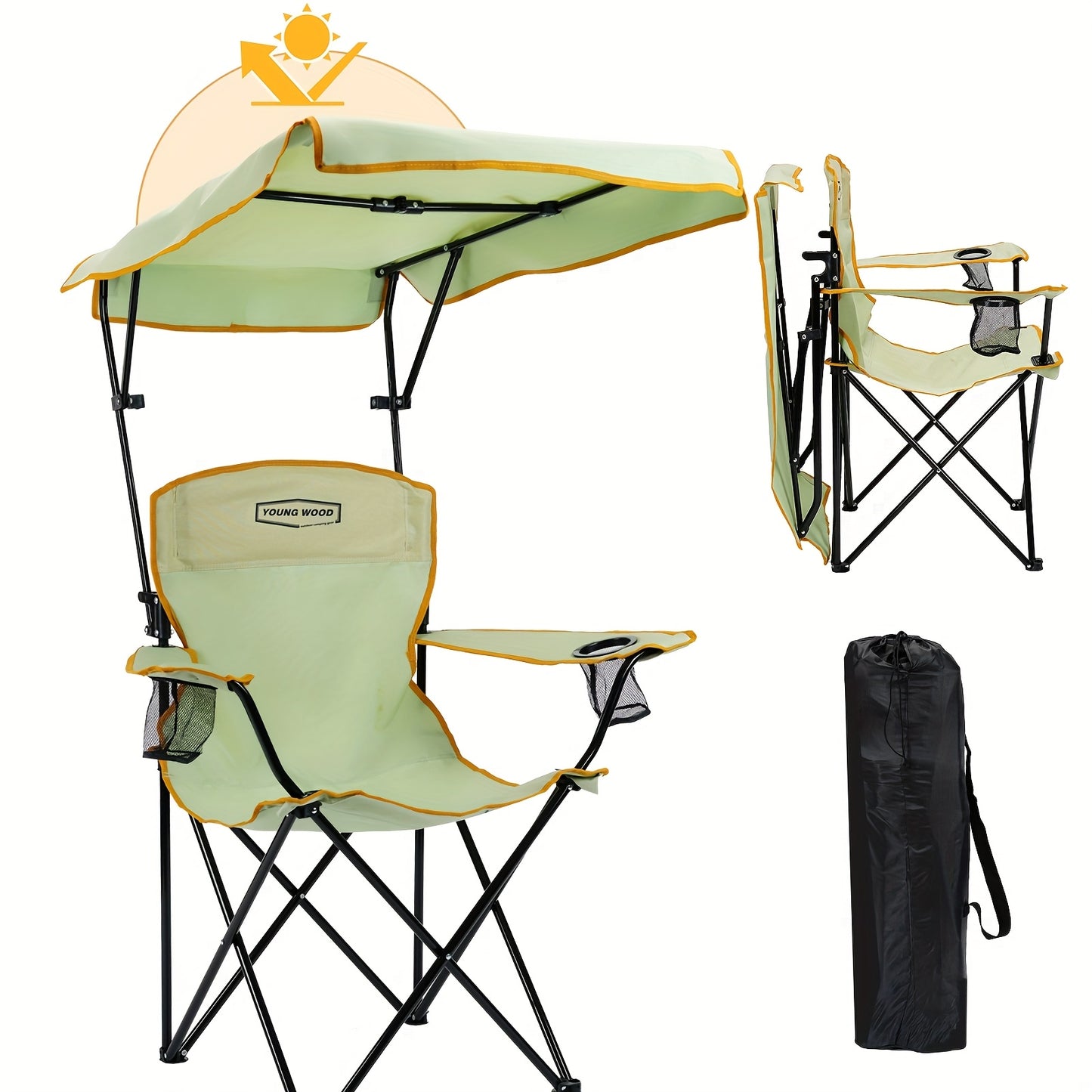 Outdoor Sunshade Chair With Adjustable Canopy And Armrests, Cup Holder, Foldable Storage Bag For Outdoor Use