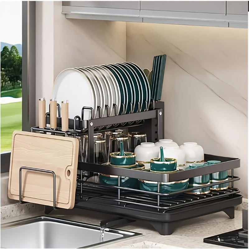 Double Tier Large Metal Cutlery Rack For Kitchen Space Saving Rustproof With Knife Fork Cup Holders And Draining Board