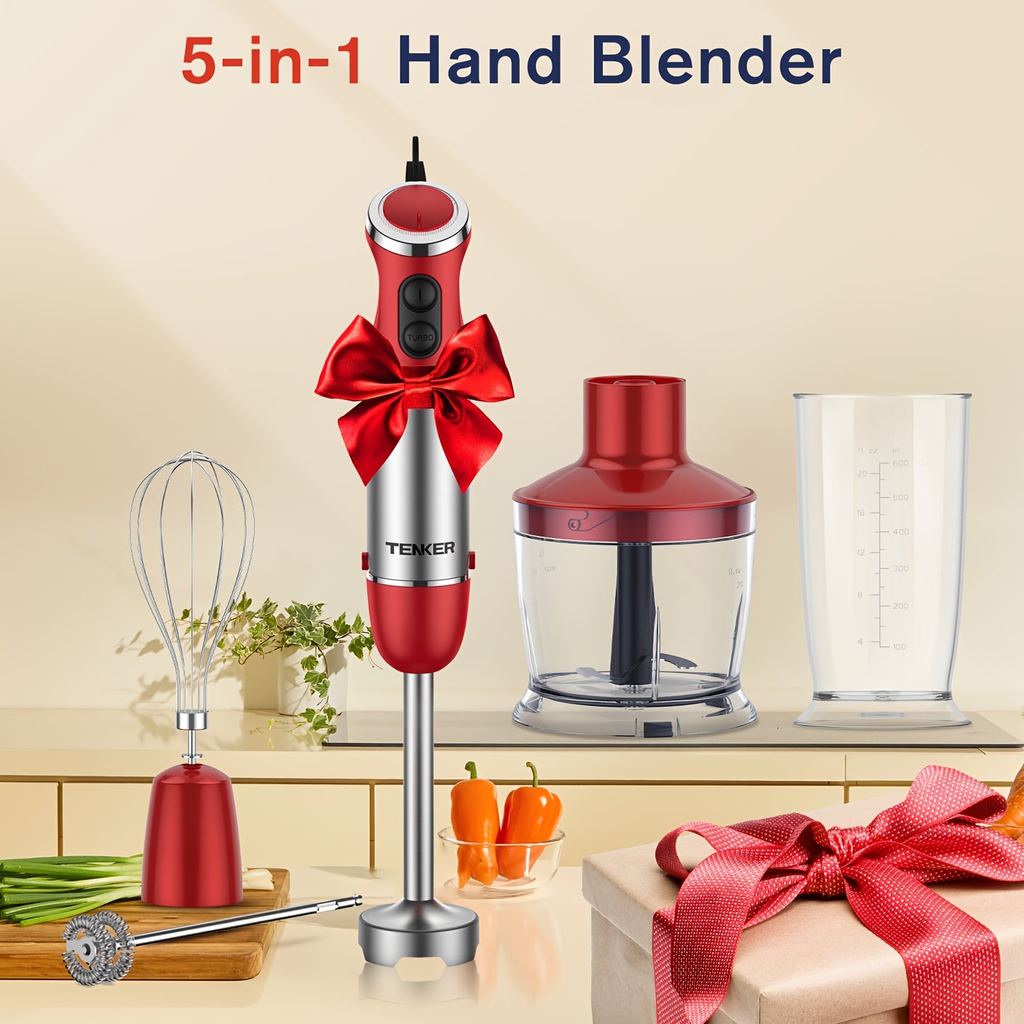 Tenker 5 In 1 Immersion Hand Blender With 12 Speed Motor Stainless Steel Stick Chopper Whisk Milk Frother Cordless Red