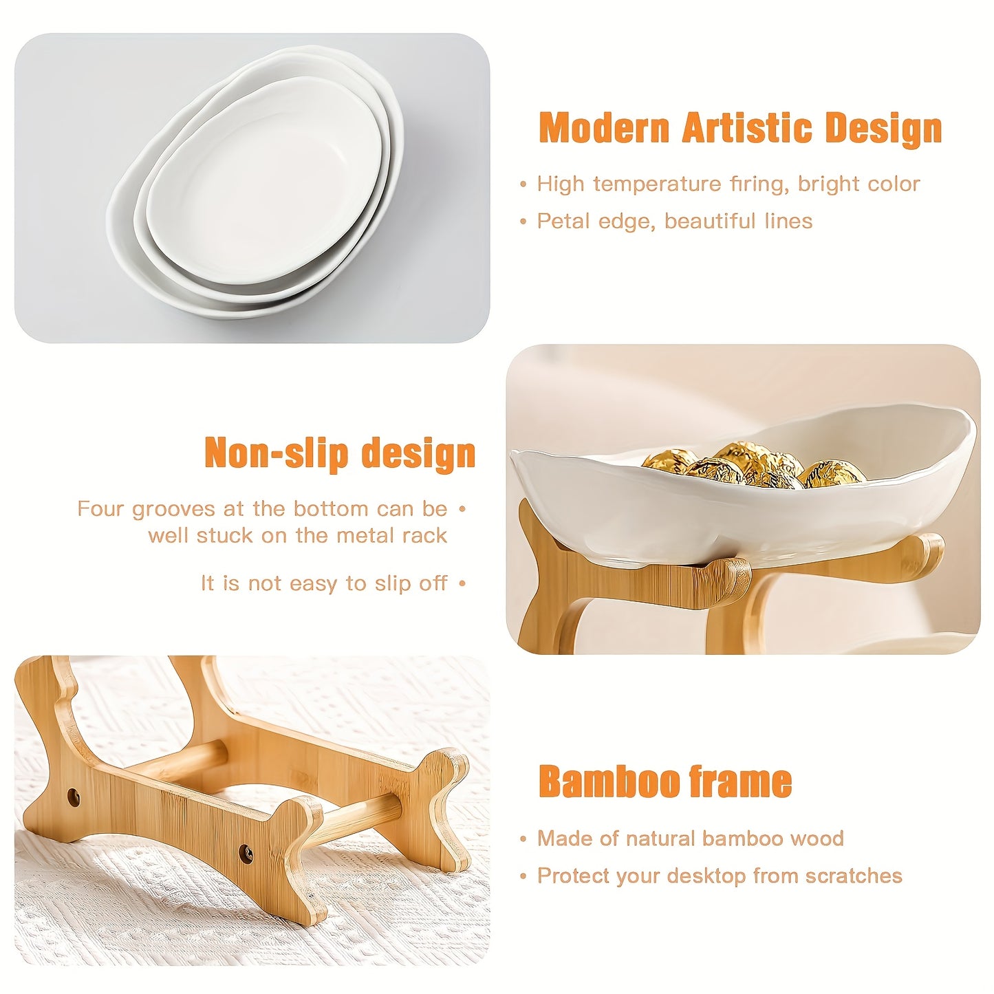 White 3 Tier Fruit Plate Bowl With Bamboo Wood Stand Large Capacity Candy Dish Decor Tray Rack For Party And Wedding