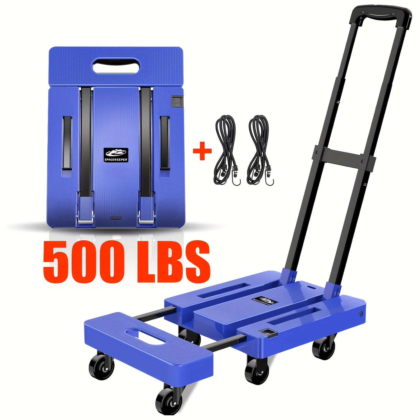 Solejazz Folding Hand Truck 500 Pounds Heavy Duty Luggage Cart With 6 Wheels And 2 Elastic Ropes Black
