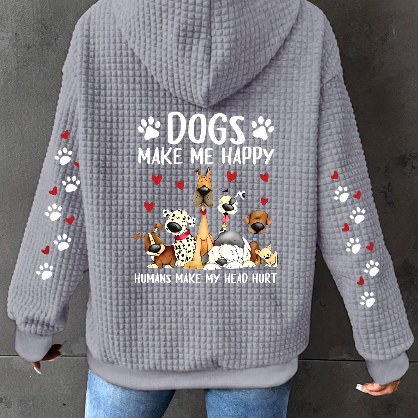 Women's Waffle Knit Zip Up Hoodie Dogs Make Me Happy Print