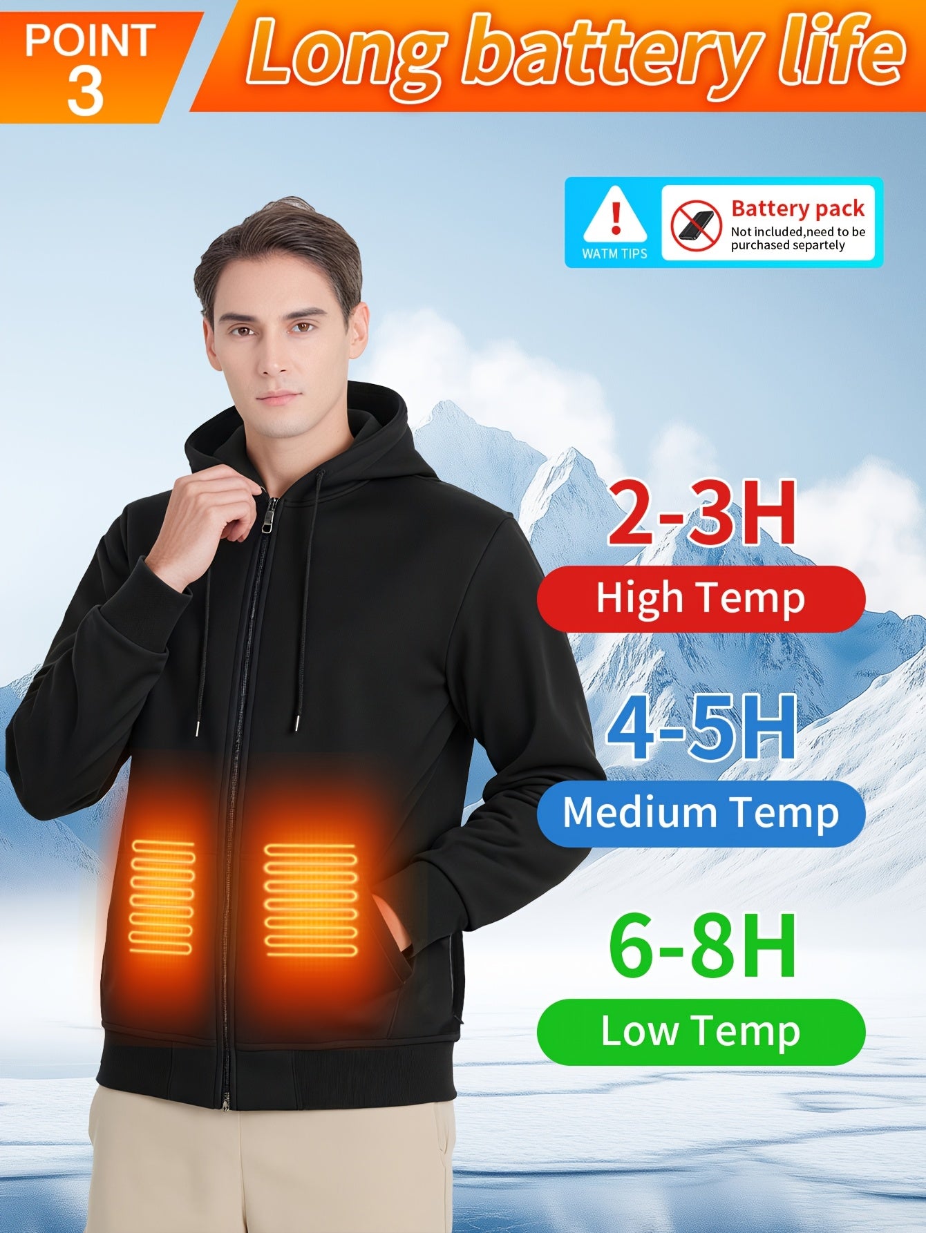 Powered Heated Jacket Full Zip Hooded Winter Coat For Outdoor Activities Running Skiing Machine Washable
