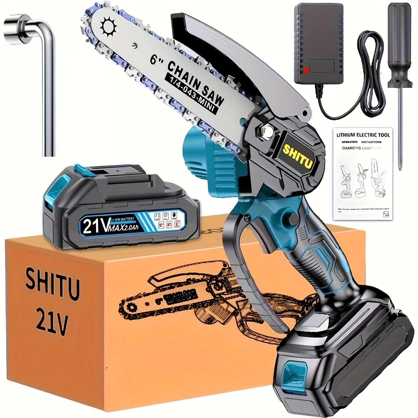 Cordless Mini Chainsaw Lightweight Portable Garden Electric Tree Cutter With Rechargeable Battery And Splash Guard