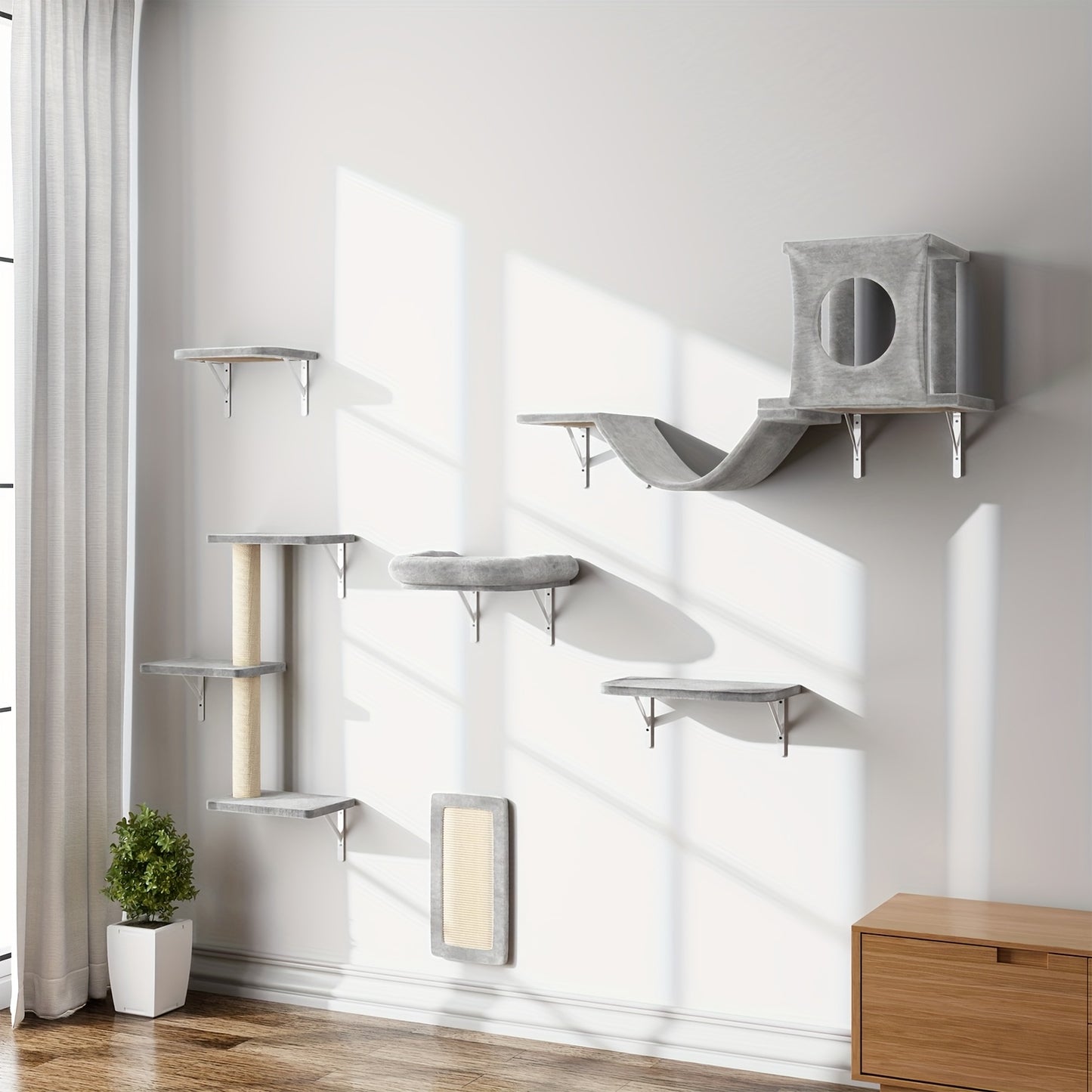 6 Pcs Deluxe Wall Mounted Cat Climbing Shelf Multi Level
