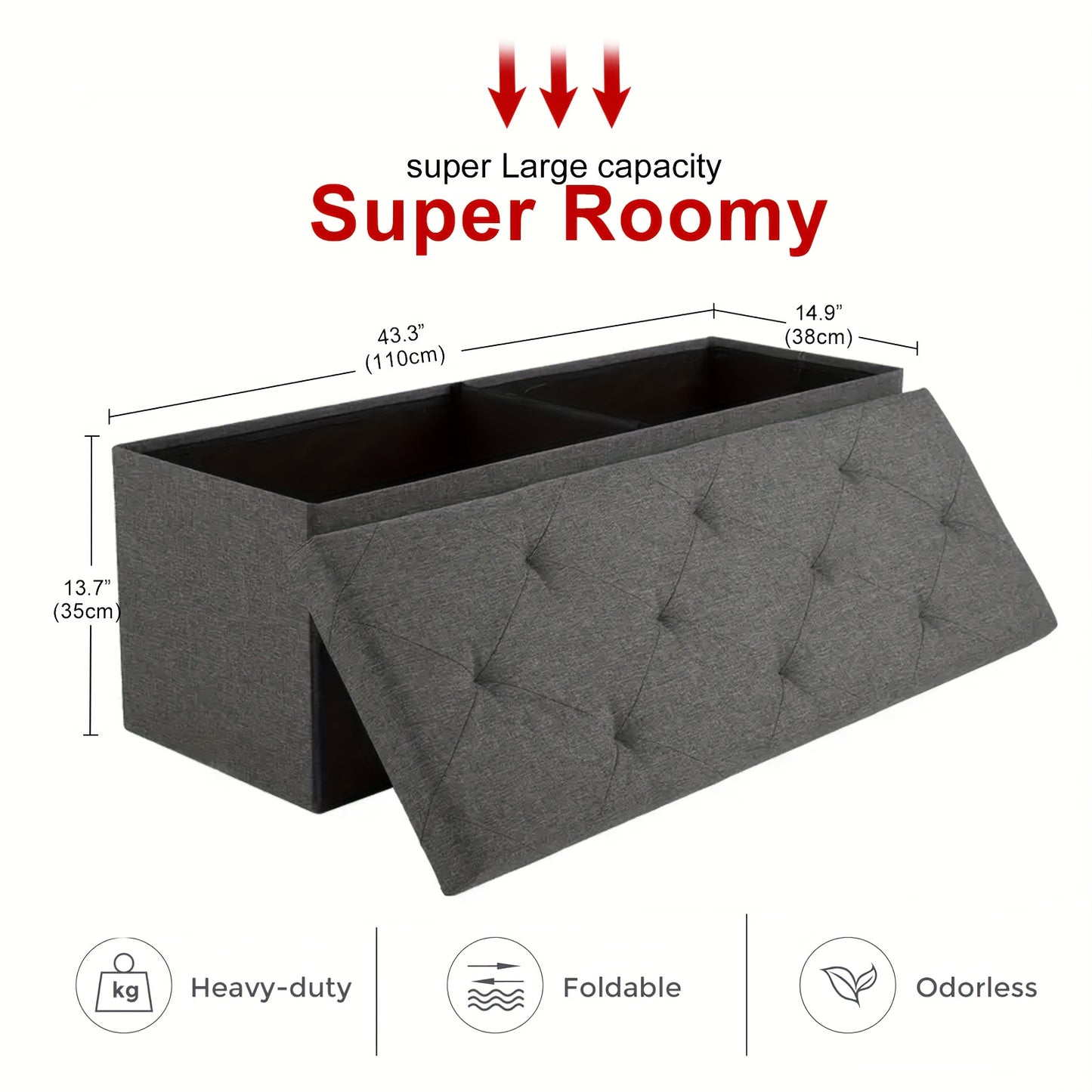 Heavy Duty Folding Storage Ottoman Bench Outdoor Use Multi Purpose Space Saving Non Porous Surface For Living Room