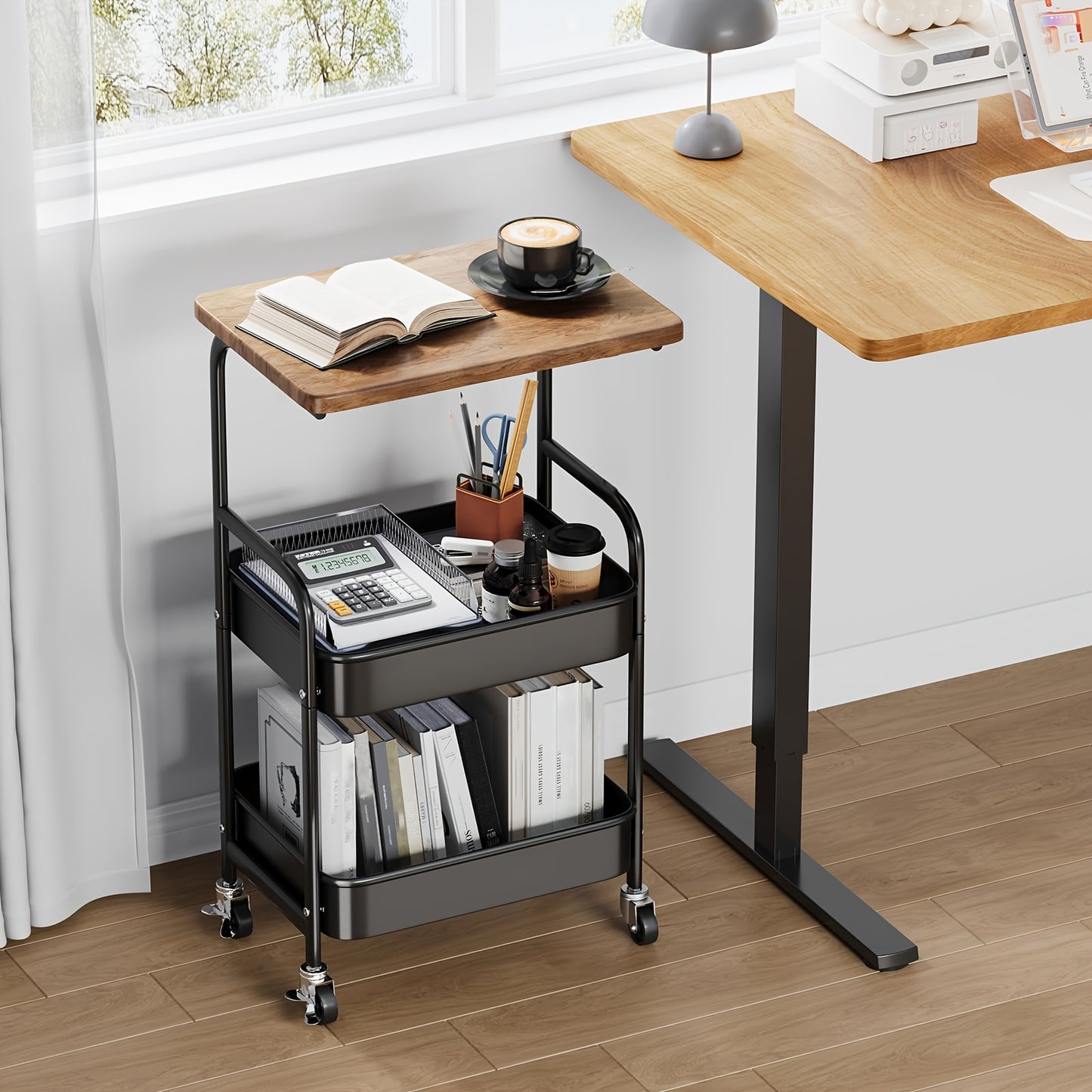 Rolling Cart With Wooden Table Top 3 Tier Metal Utility Cart Locking Wheels Printer Stand Kitchen Office Bedroom