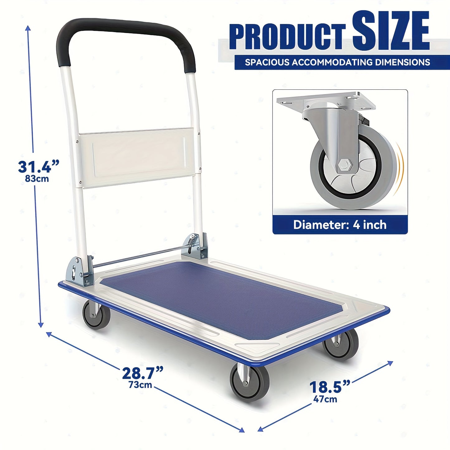 Foldable Platform Hand Truck High Load Capacity Carbon Steel Two 360 Degree Swivel Wheels And Two Fixed Silent Wheels