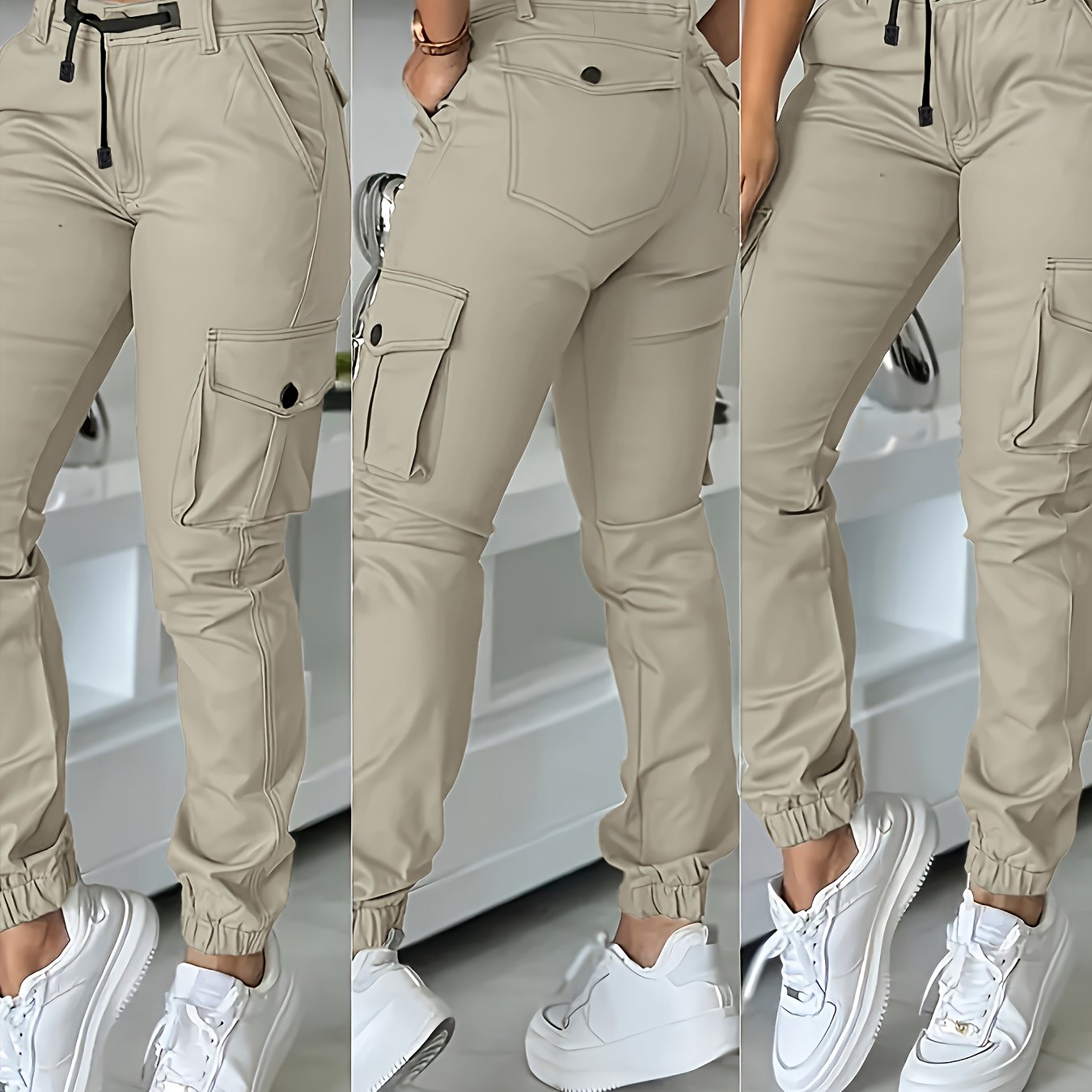 Olive Green Cargo Pants With Many Pockets And Drawstring