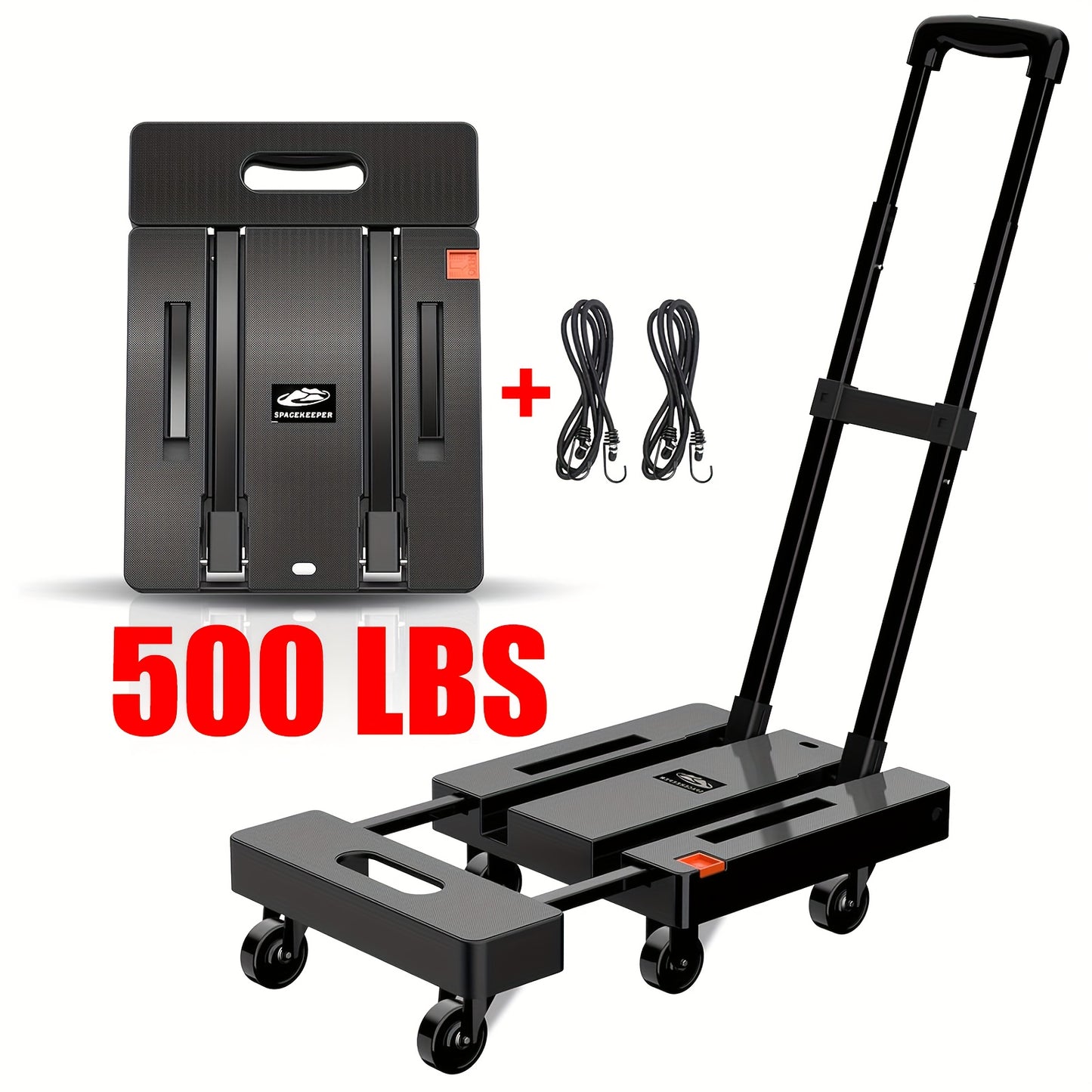 Solejazz Folding Hand Truck 500 Pounds Heavy Duty Luggage Cart With 6 Wheels And 2 Elastic Ropes Black