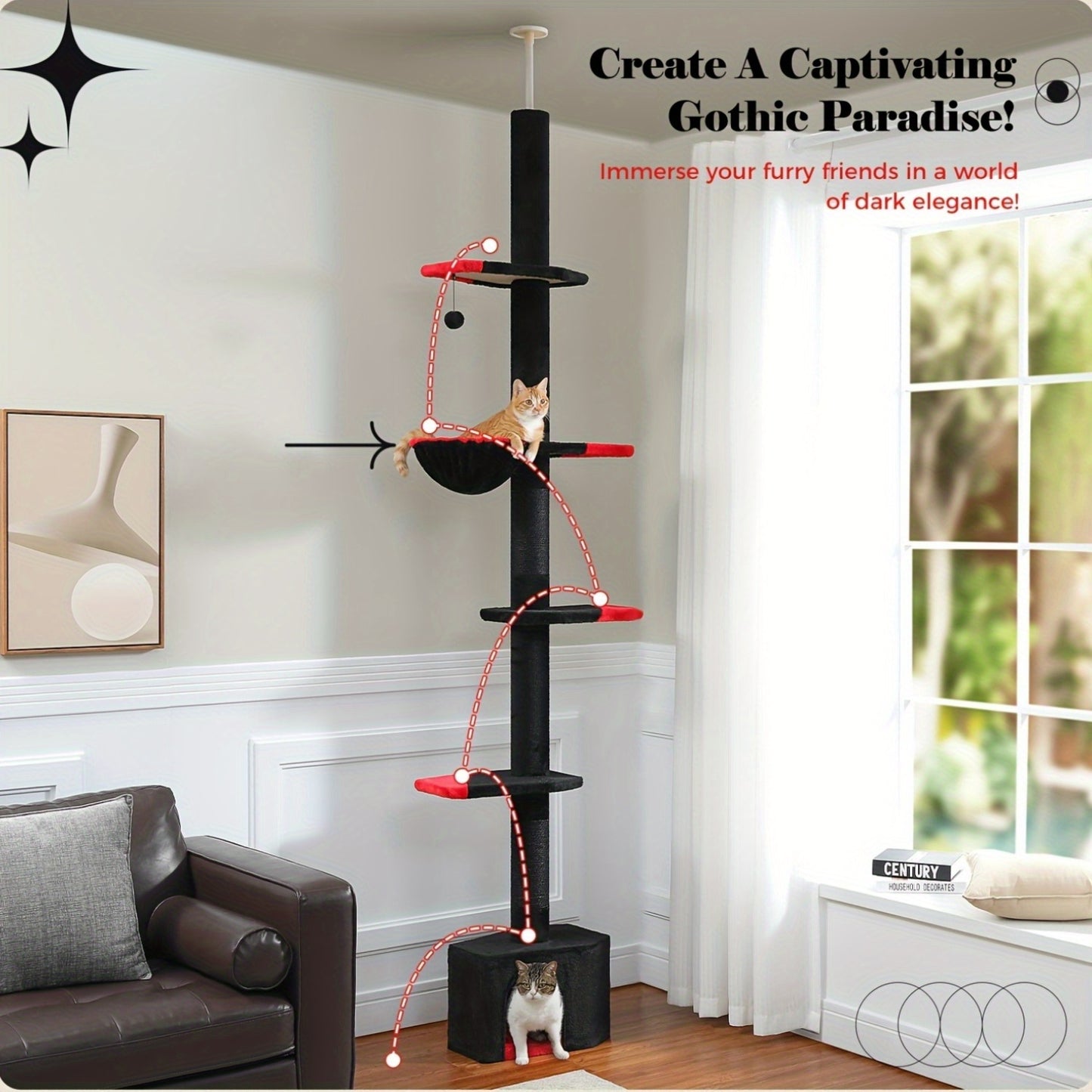 Floor To Ceiling Cat Tree Tower 4 Tier Adjustable Height 90 To 107 Inches Gray Black Khaki