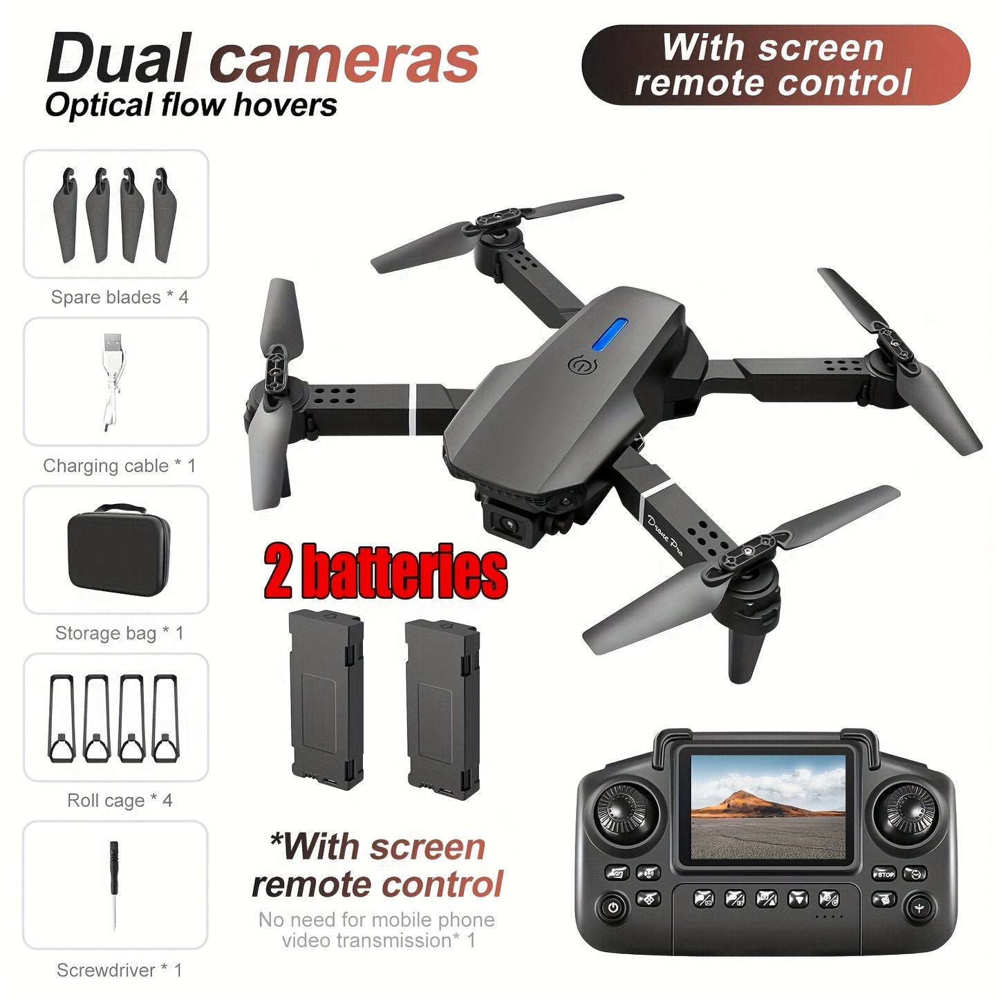 Drone Max Upgraded With 2 Batteries 4 Inch Screen Remote
