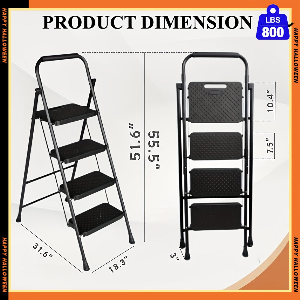 Heavy Duty 800lb Folding Step Ladder With Storage Shelf And Wide Non Slip Treads 2 To 4 Step Steel Ladder Black