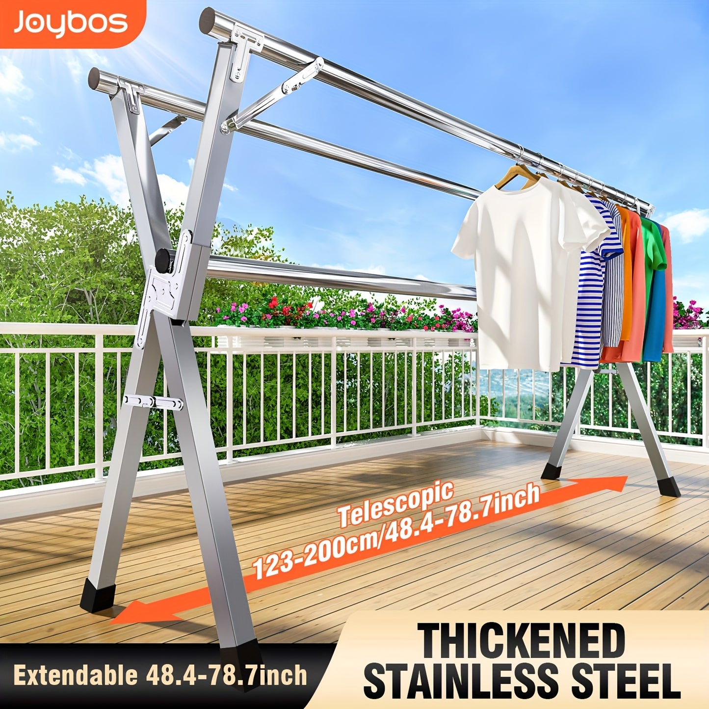 JOYBOS Adjustable Retractable Clothes Drying Rack 63 to 78.7 Inches Folding Indoor Outdoor Heavy Duty Stainless Steel