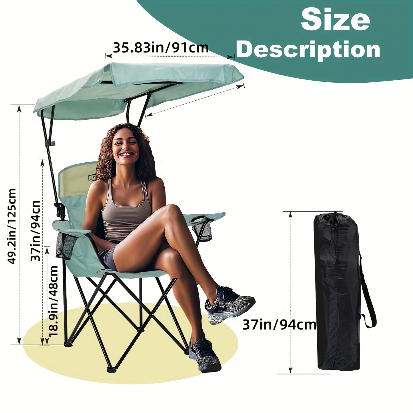 Outdoor Sunshade Chair With Adjustable Canopy And Armrests, Cup Holder, Foldable Storage Bag For Outdoor Use