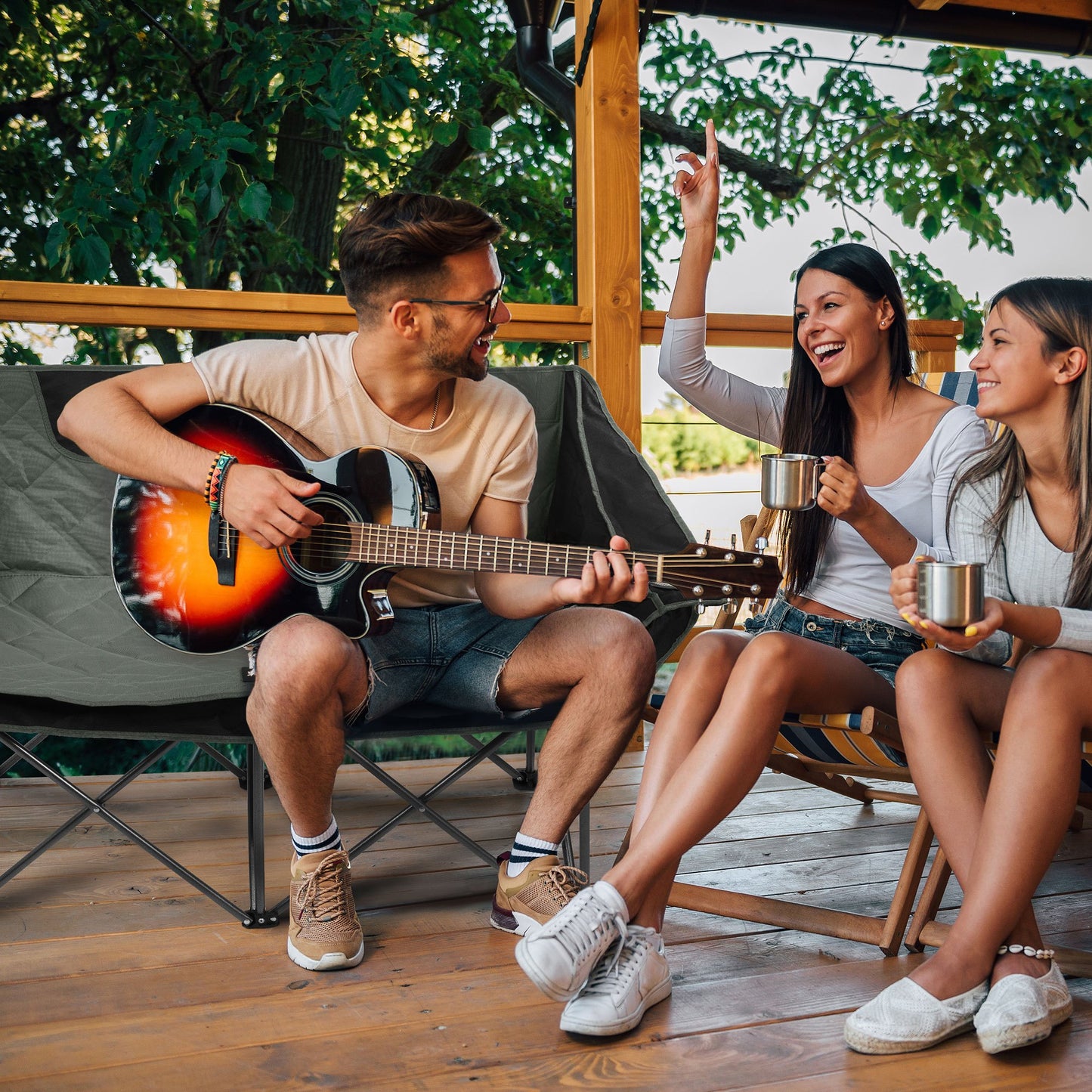 FITVIDS 2 Person Camping Chair Heavy Duty Outdoor Chair With Cup Holders Carry Bag Portable Collapsible Beach Picnics