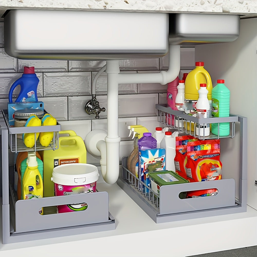 Two Level Under Sink Organizers With Sliding Pull Out Shelf Made Of Metal For Kitchen Bathroom Pantry And Closet