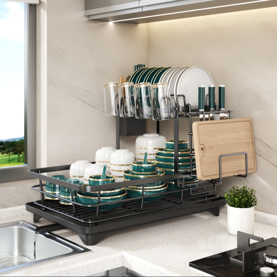 Double Tier Large Metal Cutlery Rack For Kitchen Space Saving Rustproof With Knife Fork Cup Holders And Draining Board