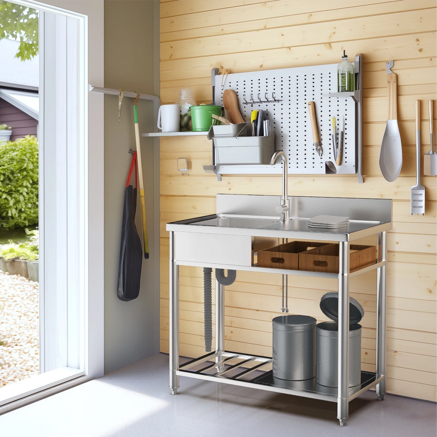 39 Inch Stainless Steel Utility Sink Outdoor Sink Station with Cabinet