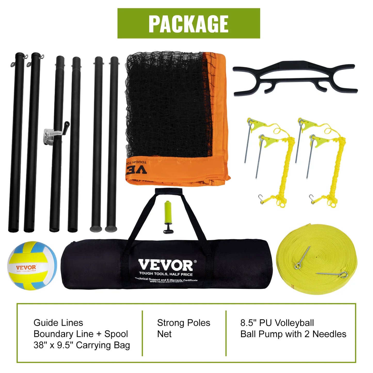 VEVOR 1.25 to 1.75 Inch Outdoor Portable Volleyball Net System Adjustable Height Aluminum Poles Volleyball Set with Pump and Carrying Bag
