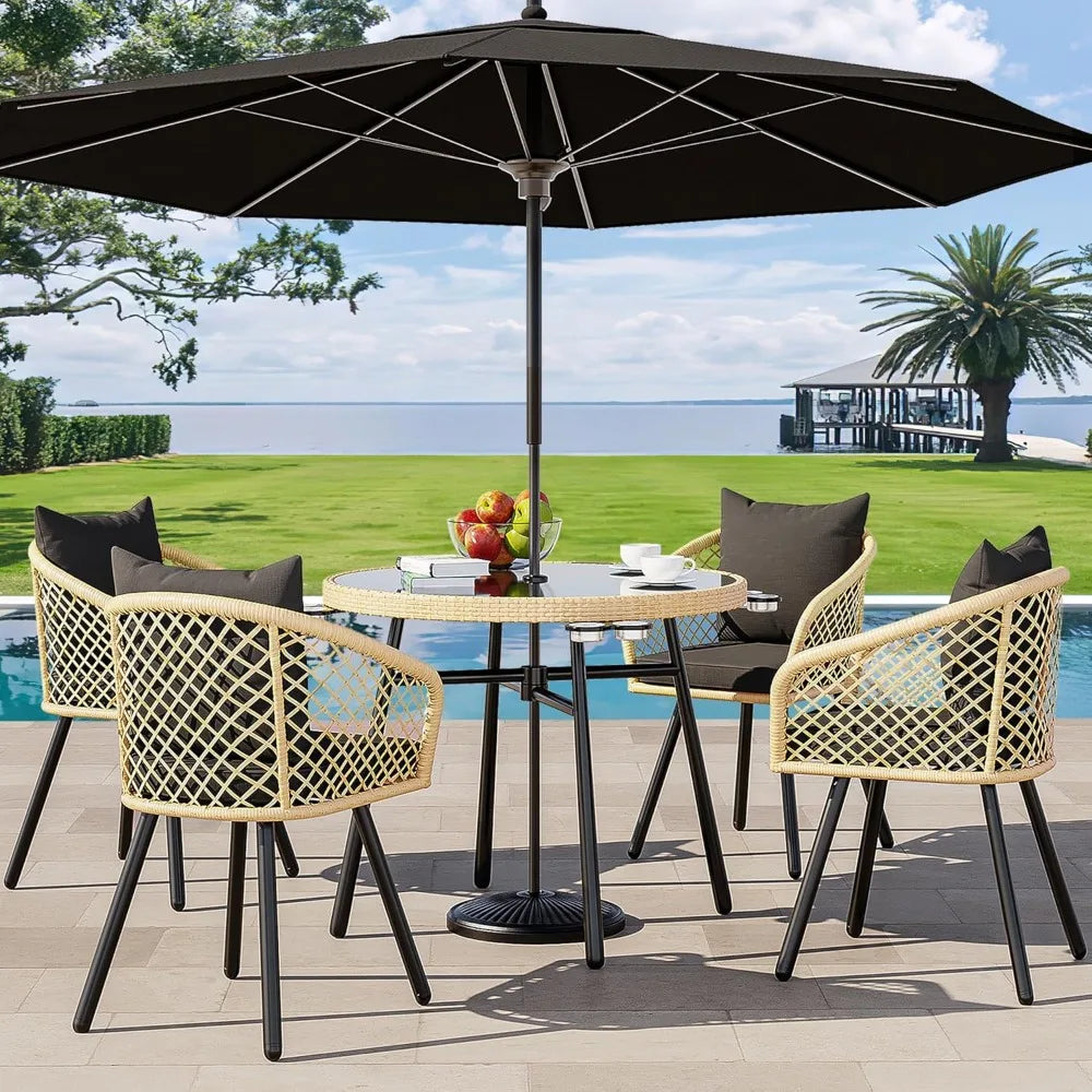 5 Piece Rattan Outdoor Dining Set For 4 With Cushions