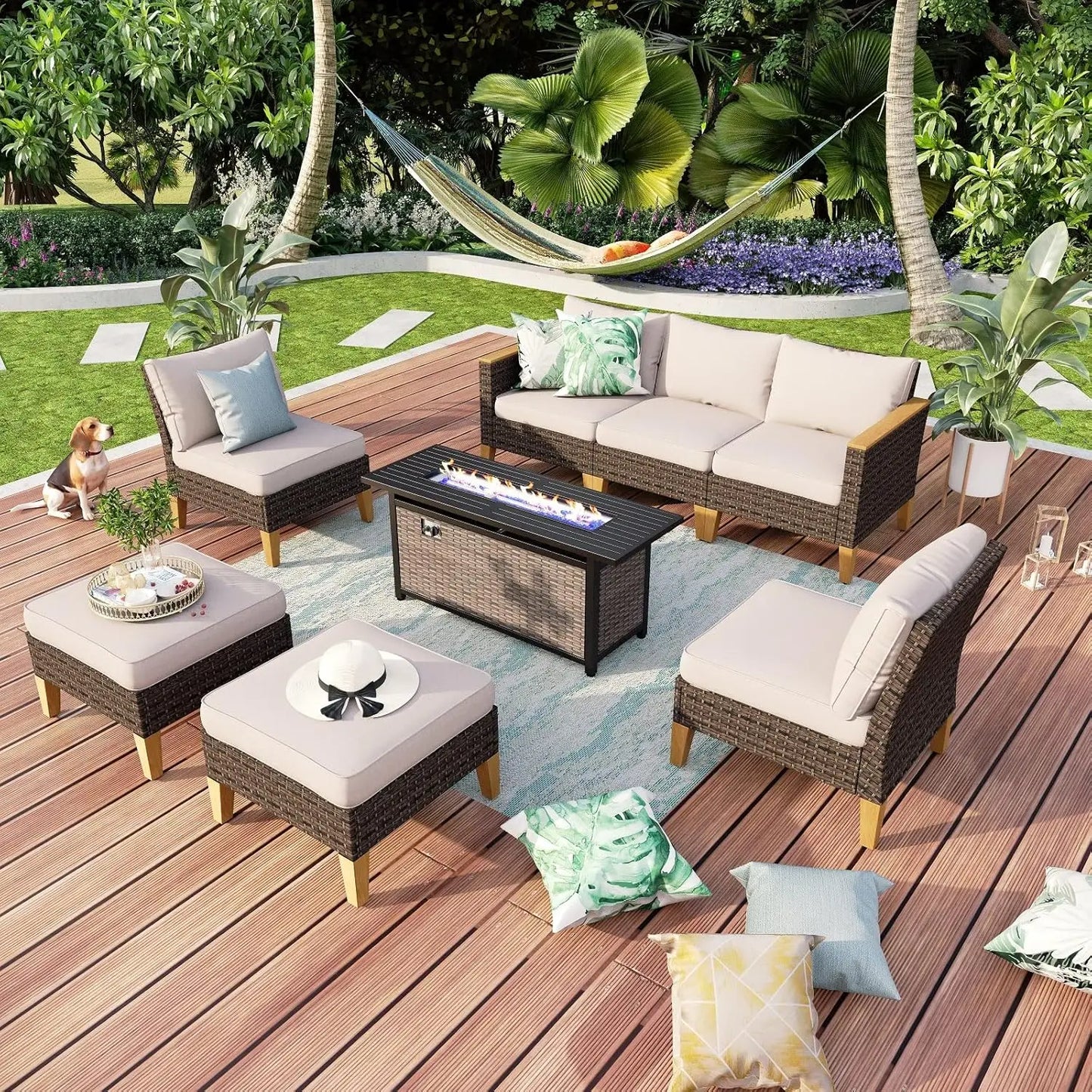 9 Piece Wicker Patio Furniture Set with 56 Inch Fire Pit Table All Weather PE Rattan Sectional Sofa Conversation Set