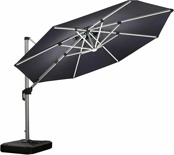 11Ft Solar Powered LED Cantilever Patio Umbrella Beige