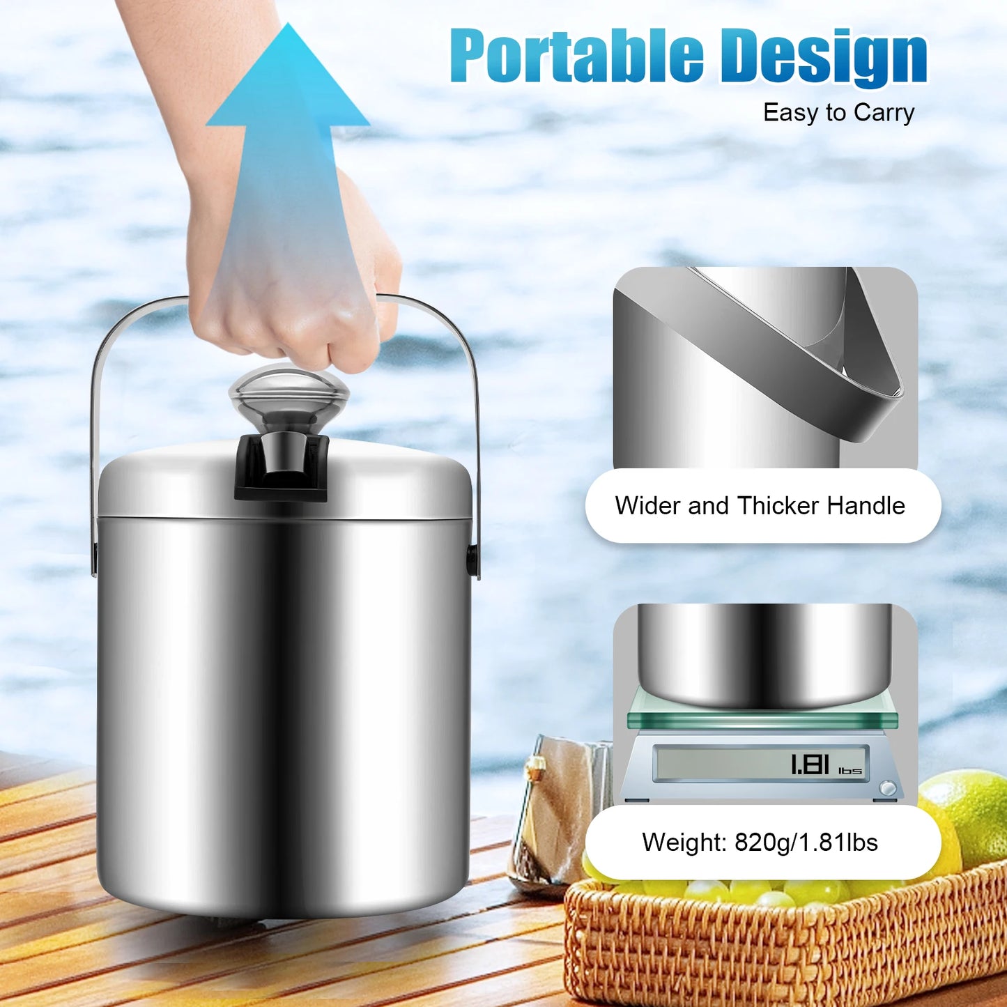 1.3L Portable Double Walled Ice Bucket with Tongs Lid Stainless Steel Ice Cube Container for Wine Drinking Beer Cooler