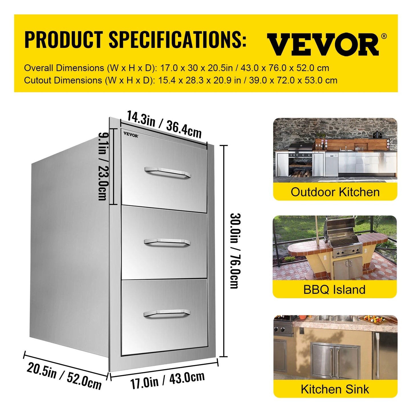SucceBuy Stainless Steel Outdoor Kitchen Drawers with Handle Large Storage BBQ Island Weather Resistant