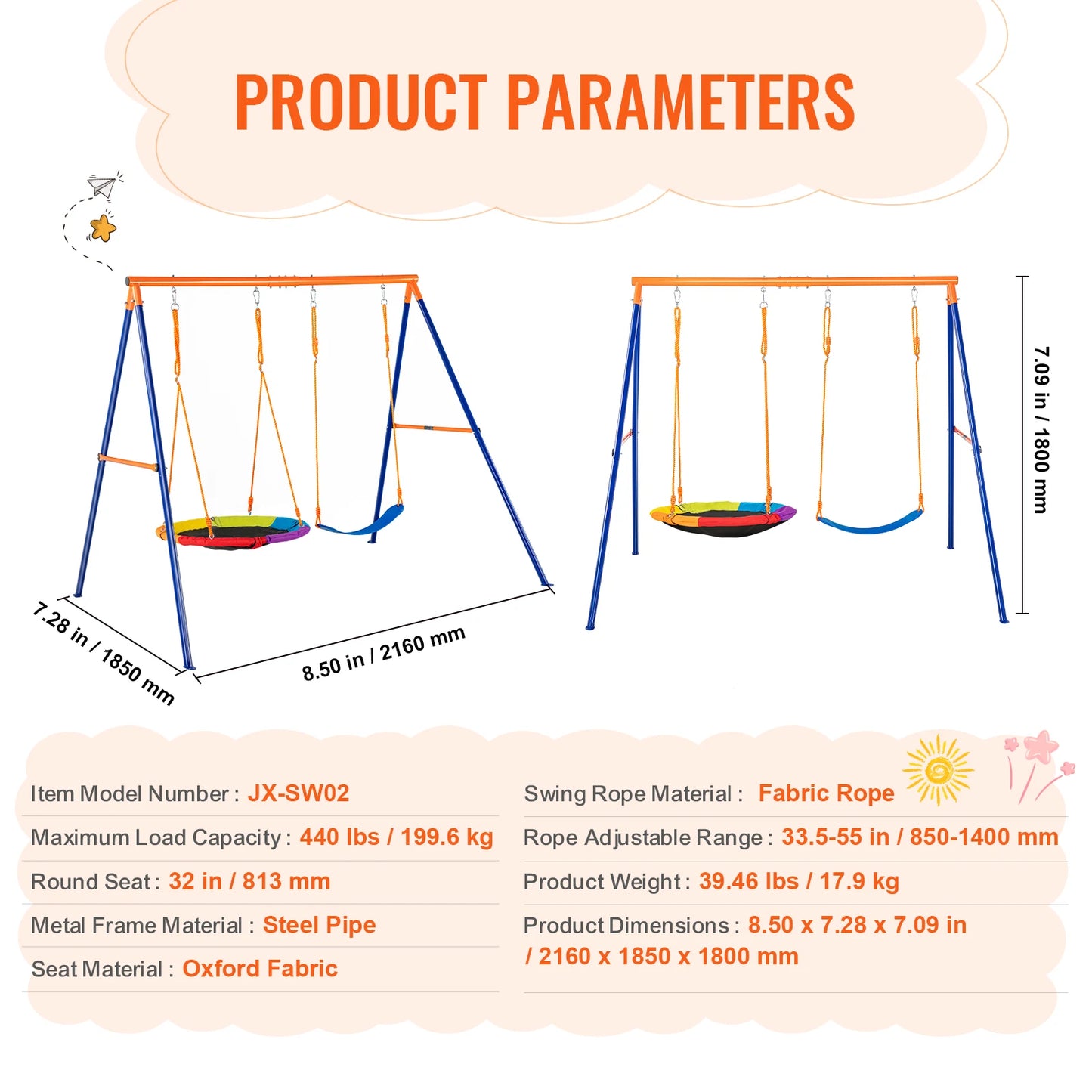 SucceBuy Swing Sets for Backyard 600 Pounds Capacity with 1 Saucer Swing Seat and 2 Belt Swing Seats for Kids Outdoor Play