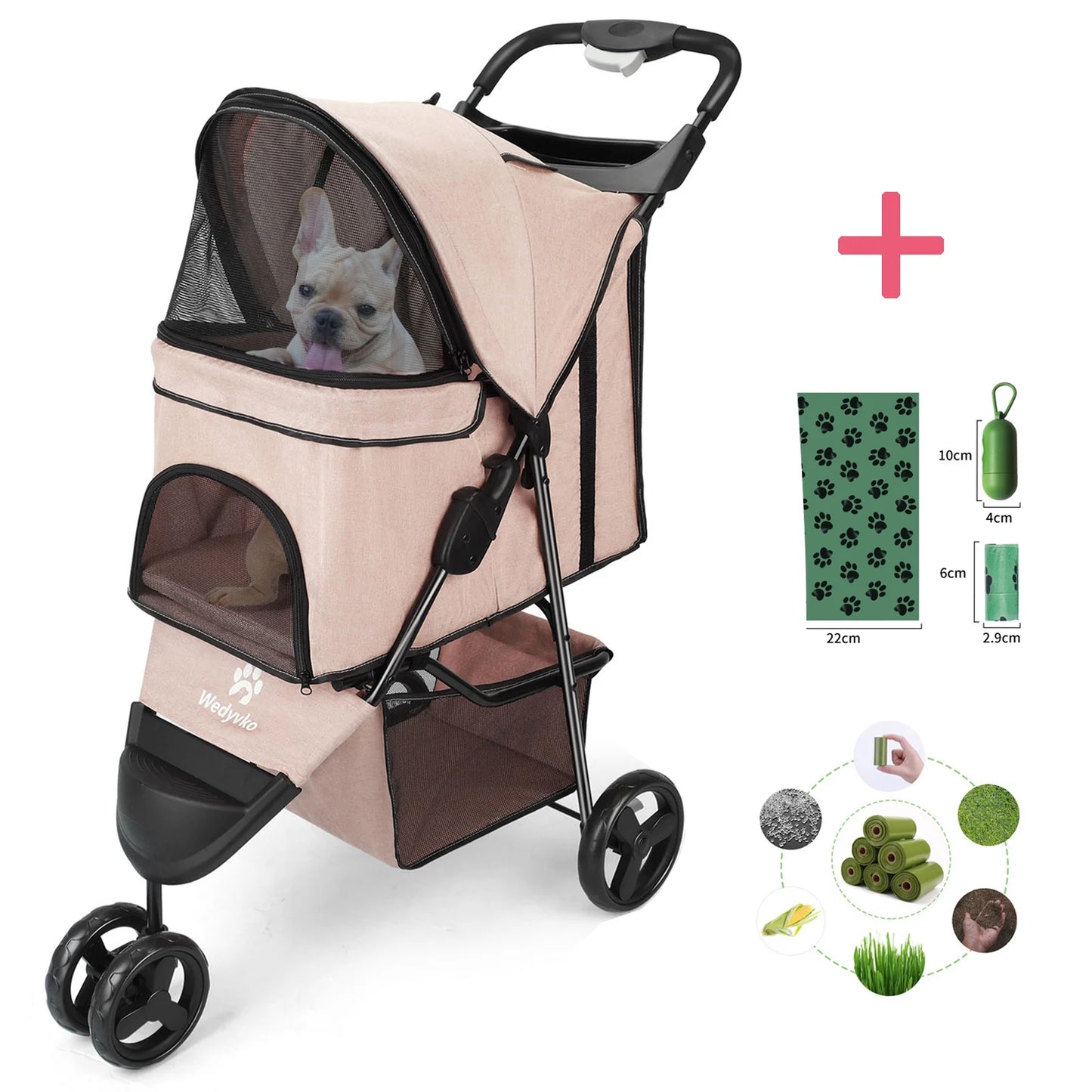 Foldable Pet Stroller With 360 Degree Swivel Wheels Basket
