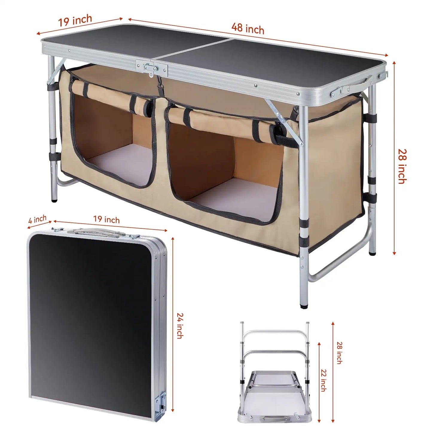 Portable Camping Table Set Aluminum Kitchen Station with Storage Adjustable Feet and Trash Can Brown