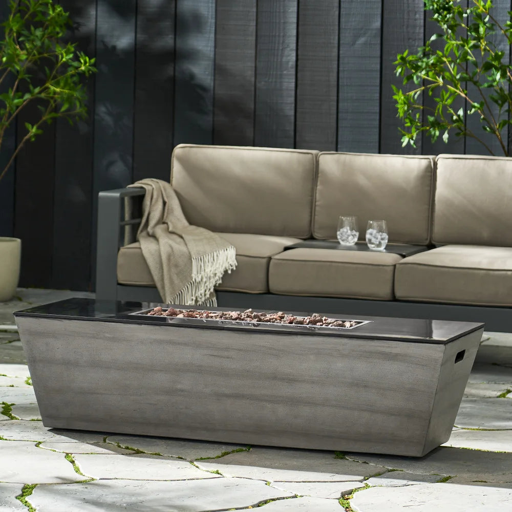 56 Inch Rectangle Magnesium Oxide Fire Pit 50000 BTU Black and Gray