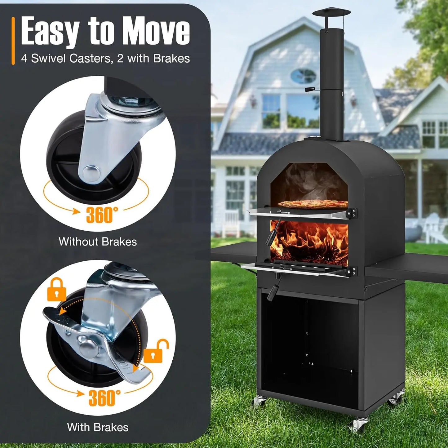 Pizza Oven Outdoor Wood Fired Oven With Two Side Tables Stone Peel Cover Cooking Grids