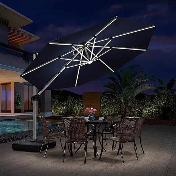 11Ft Solar Powered LED Cantilever Patio Umbrella Beige