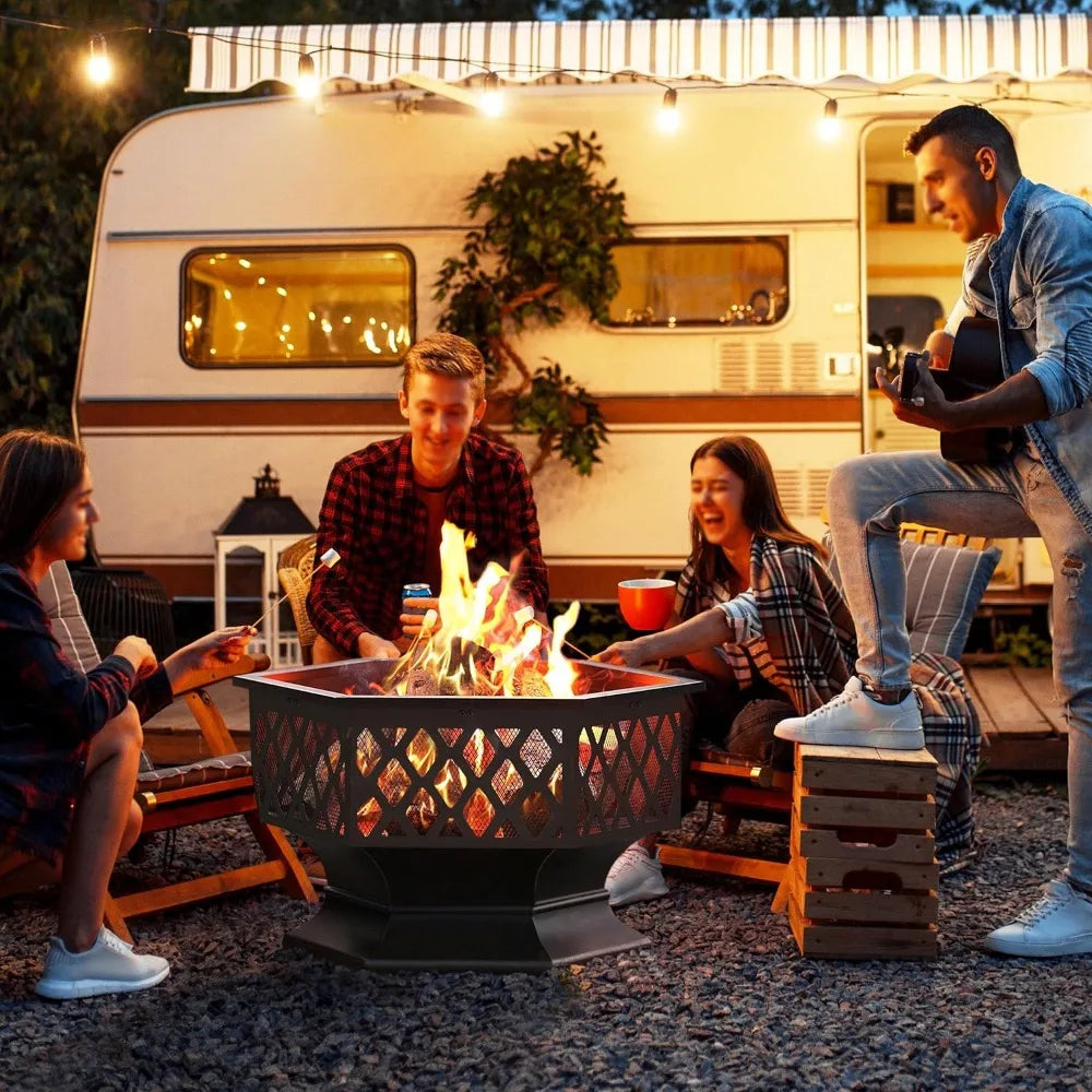 28 Inch Hex Shaped Fire Bowl Large Wood Burning Outdoor Fire Pit with Spark Screen and Poker for Bonfire Picnic BBQ