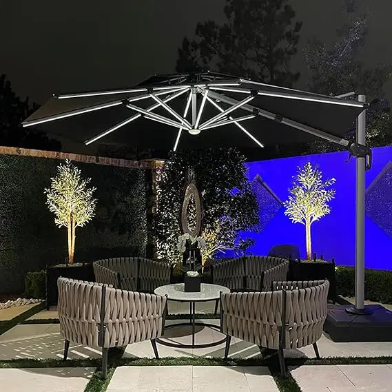 11Ft Solar Powered LED Cantilever Patio Umbrella Beige