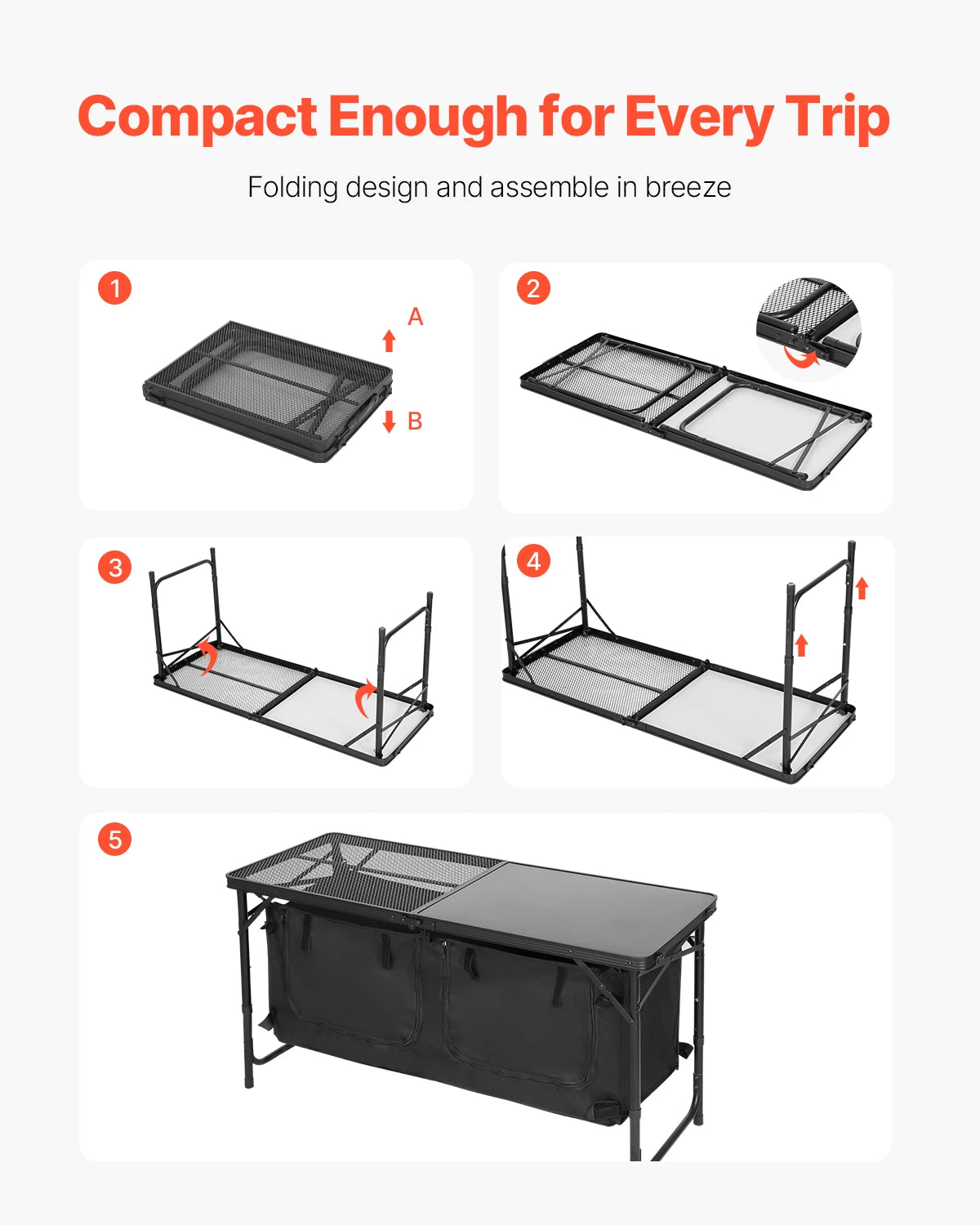 Vevor Camping Kitchen Table Outdoor Cooking Table Aluminum Lightweight Portable Cook Station with Storage Organizer and Adjustable Heights for BBQ Party Picnic RV Travel