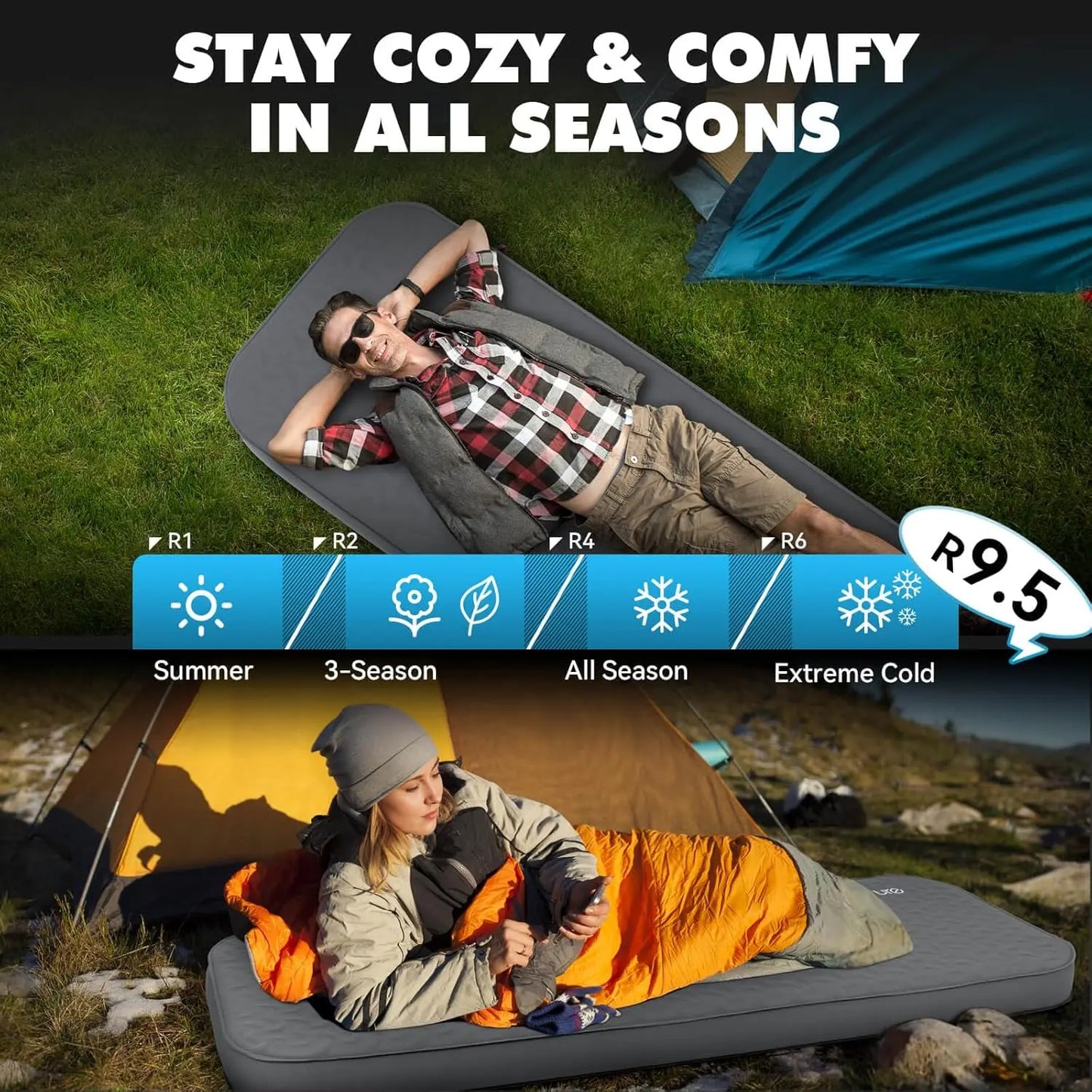 4 Inch Self Inflating Sleeping Pad 9.5 R Value Insulated