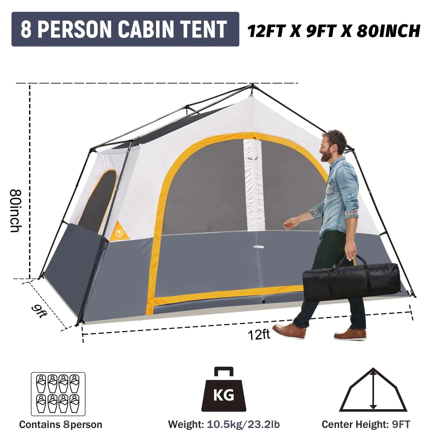 8 Person Camping Tent Portable Family Cabin Tent Windproof