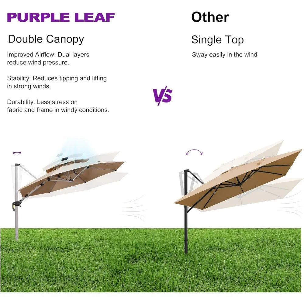 11Ft Solar Powered LED Cantilever Patio Umbrella Beige
